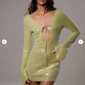 MUSERA Green Sequin Tie Front Cut Out Flare Sleeve Mini Dress Vacation Size XS